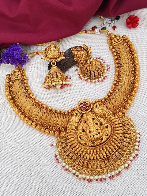 

GRIIHAM Gold-Plated Red & White AD Stone Studded Real Kemp Jewellery Set