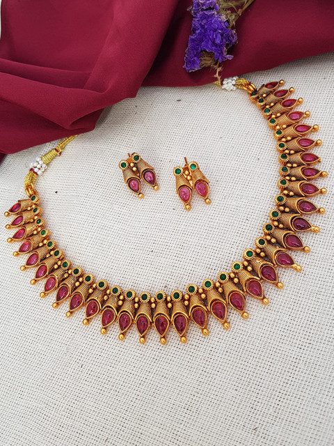 

GRIIHAM Gold-Plated Pink & Green AD-Stone Studded Jewellery Set