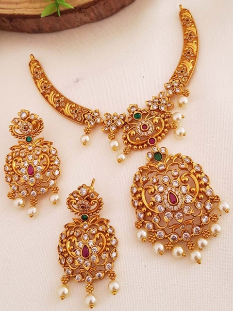 

GRIIHAM Gold-Plated Green & Pink AD-Studded & Pearl Beaded Jewellery Set