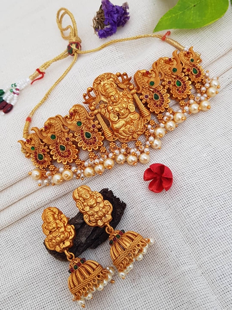 

GRIIHAM Gold-Plated Green & White AD-Studded & Pearl Beaded Jewellery Set