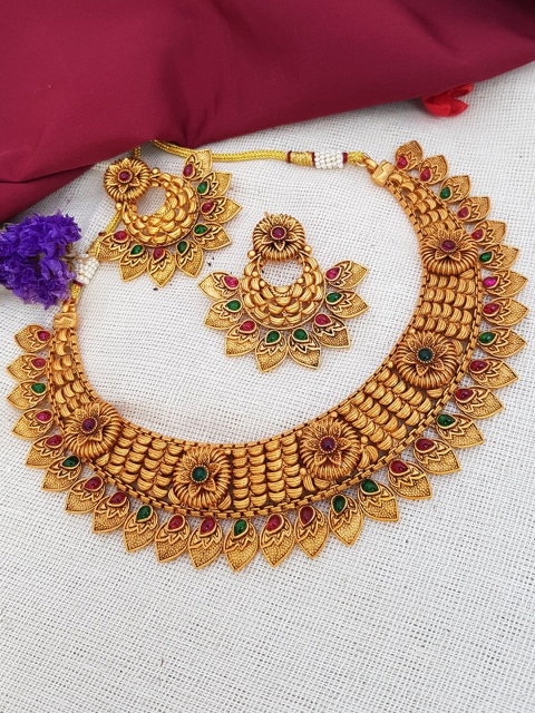 

GRIIHAM Gold-Plated Green & Pink AD-Studded Jewellery Set