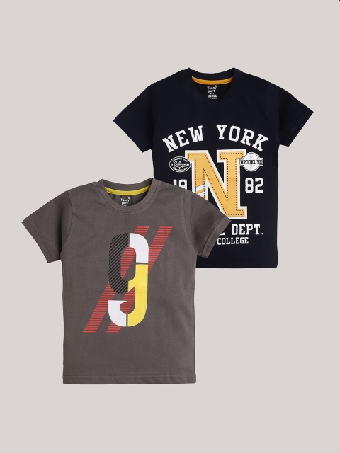 

Toonyport Boys Pack Of 2 Navy Blue & Grey Typography Printed T-shirt