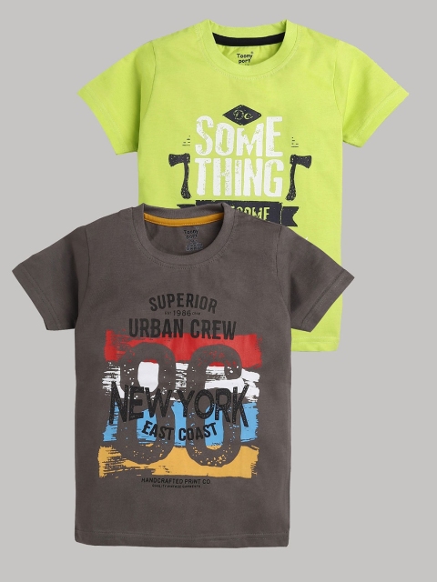 

Toonyport Boys Pack of 2 Grey & Green Typography Printed Pure Cotton T-shirts