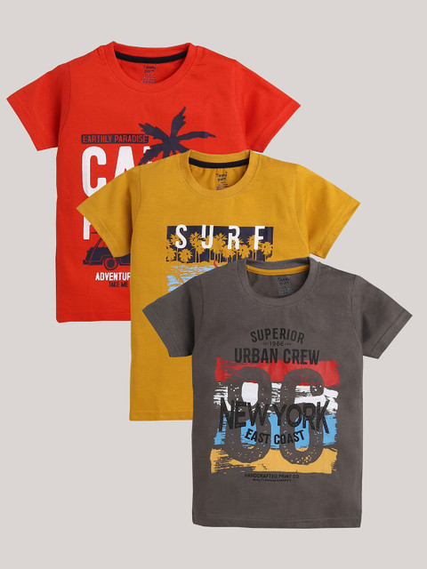 

Toonyport Boys Pack of 3 Red & Mustard Yellow Cotton Printed T-shirt