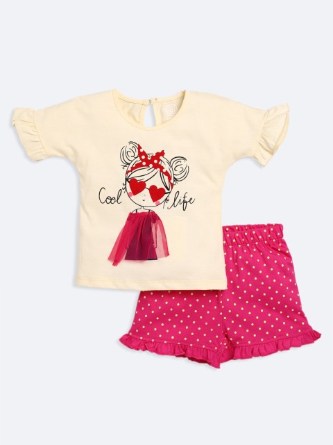 

TAMBOURINE Girls Pink & Yellow Printed Pure Cotton T Shirt with Shorts