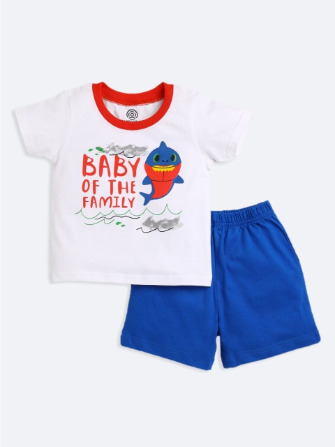 

TAMBOURINE Boys White & Blue Printed Pure Cotton T Shirt with Shorts