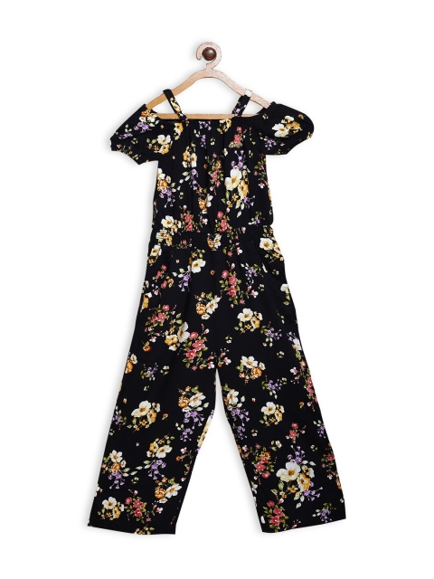 

612 league Girls Black & Purple Floral Printed Basic Jumpsuit