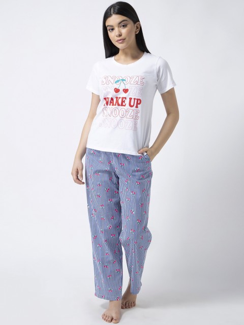 

ADORENITE Women White & Blue Printed Night suit