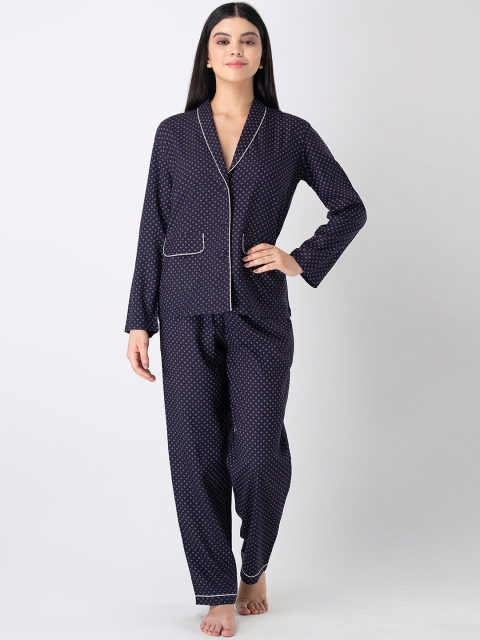 

ADORENITE Women Navy Blue Printed Night Suit