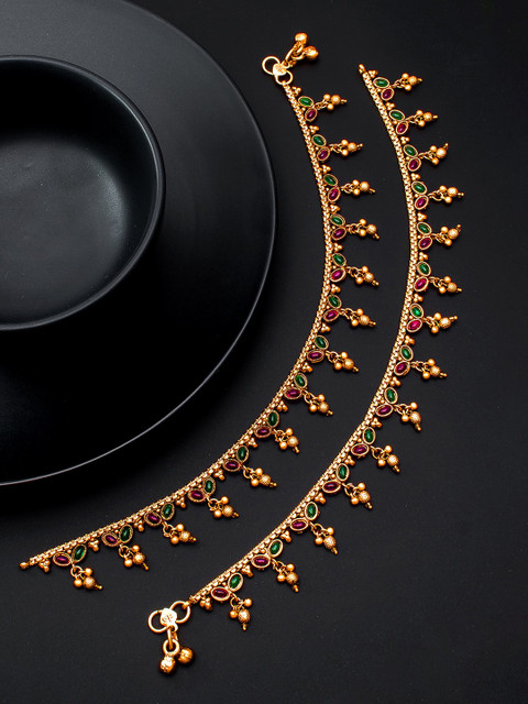 

Aadita Gold-Plated Pink & Green Stone-Studded Anklets