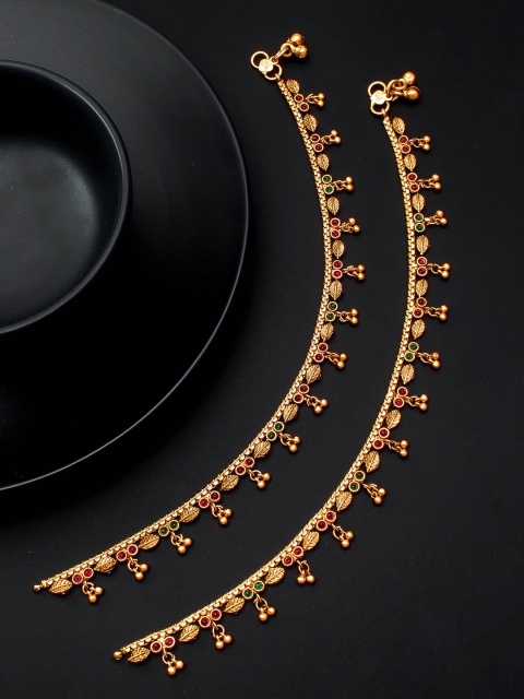 

Aadita Gold-Plated Green & Pink Stone-Studded Anklets