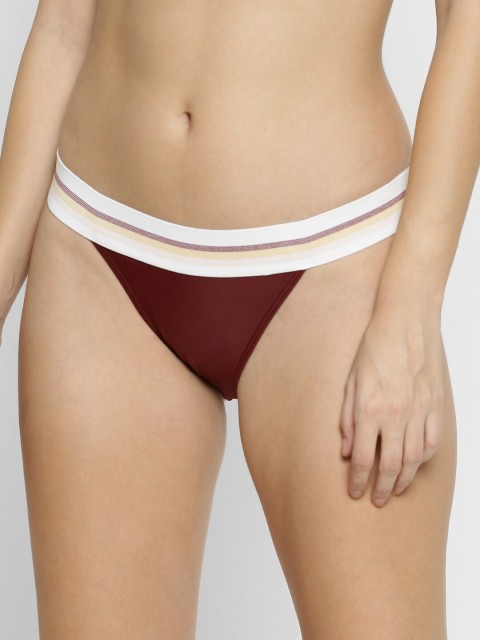 

FOREVER 21 Women Maroon Striped Bikini Briefs