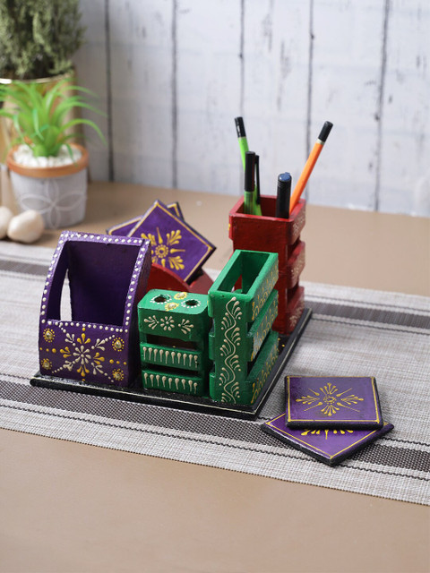 

Aapno Rajasthan Purple & Green Printed Wooden Stationery Organizer