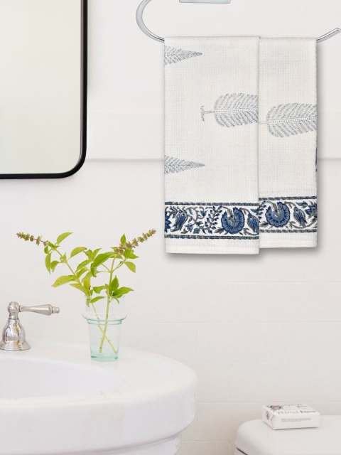 

Gulaab Jaipur Set Of 2 White & Blue Printed 400 GSM Cotton Hand Towels