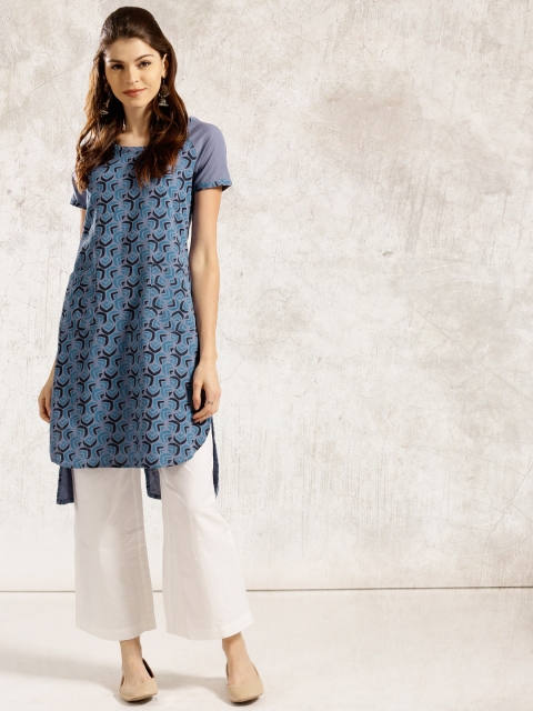

Anouk Women Blue & Black Printed High-Low Chambray Kurta