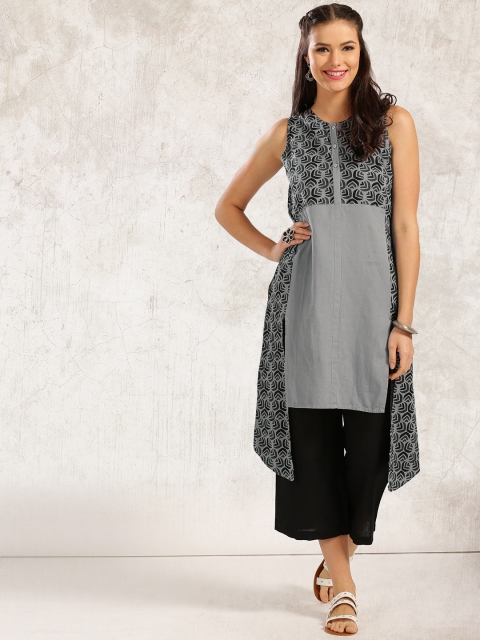 

Anouk Women Grey Printed Asymmetrical Hemline Straight Kurta
