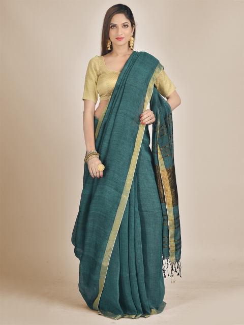 

Mitera Green & Gold-Toned Zari Pure Linen Saree