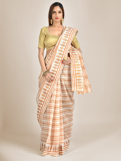 

Mitera Beige Checked Pure Cotton Saree