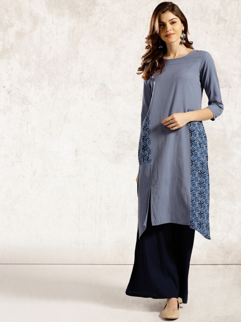 

Anouk Women Blue Solid Chambray A-Line Kurta