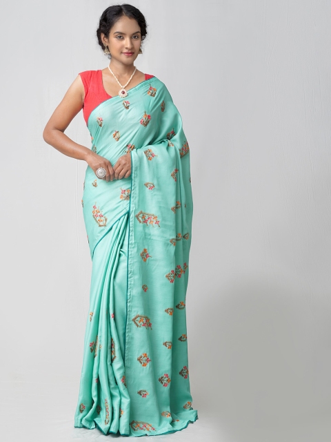 

Unnati Silks Green & Orange Floral Embroidered Silk Blend Baluchari Saree