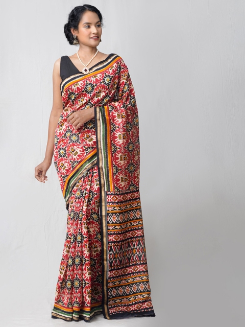 

Unnati Silks Red & Black Ethnic Motifs Zari Silk Cotton Chanderi Saree