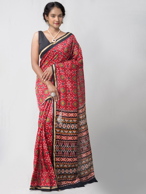 

Unnati Silks Red Patola Printed Chanderi Silk Cotton Saree