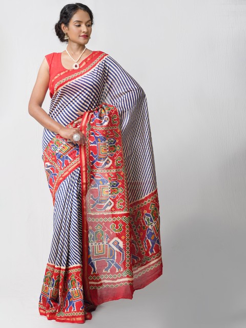

Unnati Silks Blue & Red Ethnic Motifs Silk Cotton Chanderi Saree