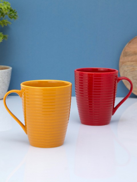 

CLAY CRAFT Set Of 2 Mustard & Red Textured Ceramic Glossy Mugs