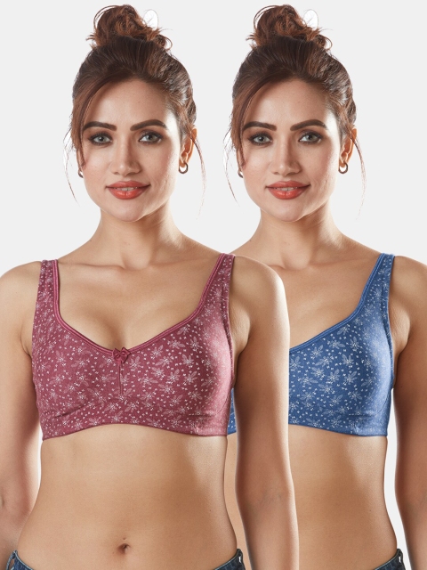 

Sonari Pack Of 2 Printed Maroon & Blue Non-padded Super Support Everyday Bra