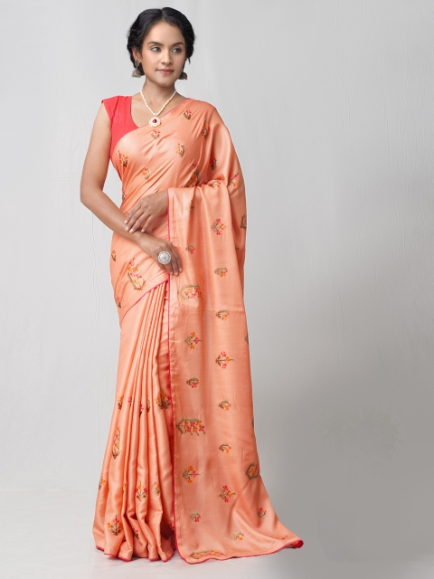 

Unnati Silks Peach-Coloured & Red Ethnic Motifs Embroidered Silk Blend Baluchari Saree