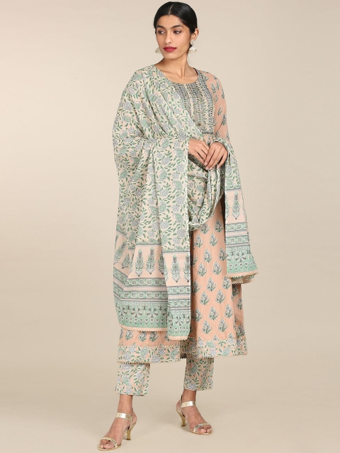 

Anahi Women Beige Ethnic Motifs Printed Thread Work Pure Cotton Kurta with Trousers & With Dupatta