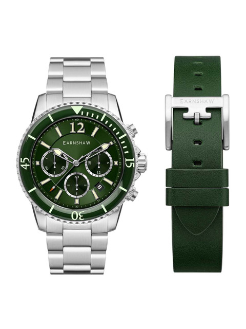 

EARNSHAW Men Green Brass Dial & Silver Toned Stainless Steel Bracelet Style Straps Analogue Chronograph Watch ES-8132-33