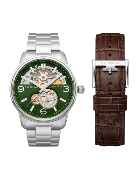 

EARNSHAW Men Green Skeleton Dial & Silver Toned Bracelet Style Analogue Automatic Watch