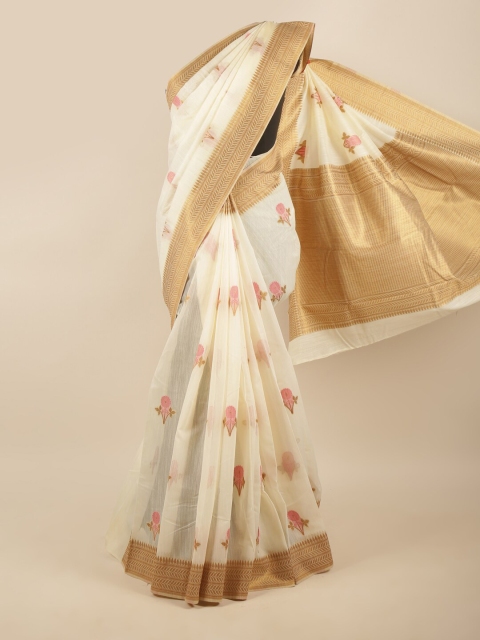 

Pothys Women Cream-Coloured & Gold-Toned Floral Zari Art Silk Saree