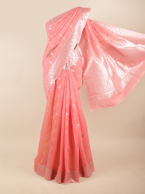 

Pothys Women Coral & Silver-Toned Woven Design Zari Art Silk Saree