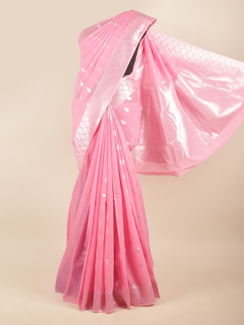 

Pothys Women Pink & Silver-Toned Woven Design Zari Art Silk Saree