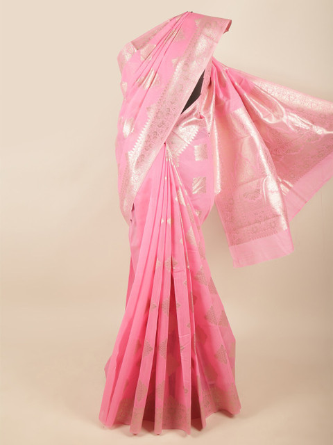 

Pothys Women Pink & Silver-Toned Woven Design Zari Art Silk Saree