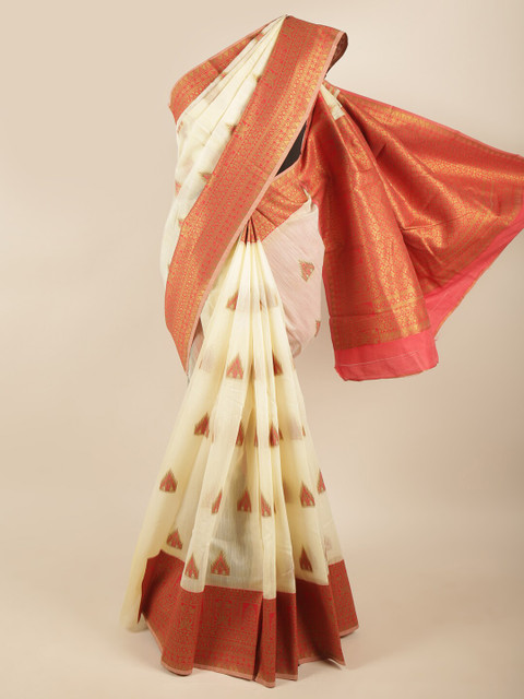 

Pothys Women Cream-Coloured & Peach-Coloured Woven Design Zari Art Silk Saree
