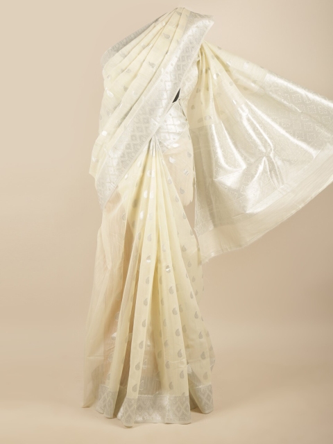 

Pothys Women Cream-Coloured & Silver-Toned Woven Design Zari Art Silk Saree