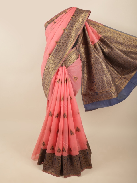 

Pothys Women Coral & Blue Woven Design Zari Art Silk Saree