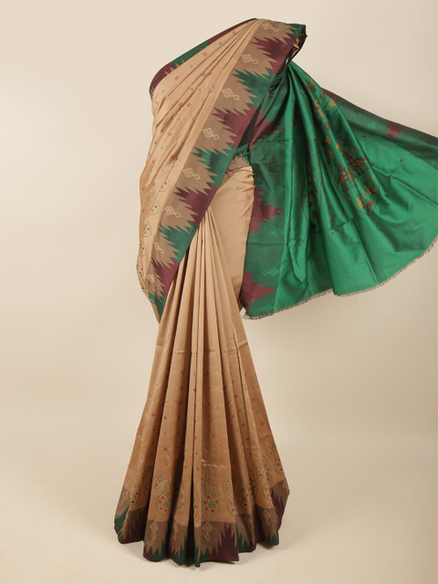 

Pothys Tan & Green Floral Embroidered Art Silk Saree