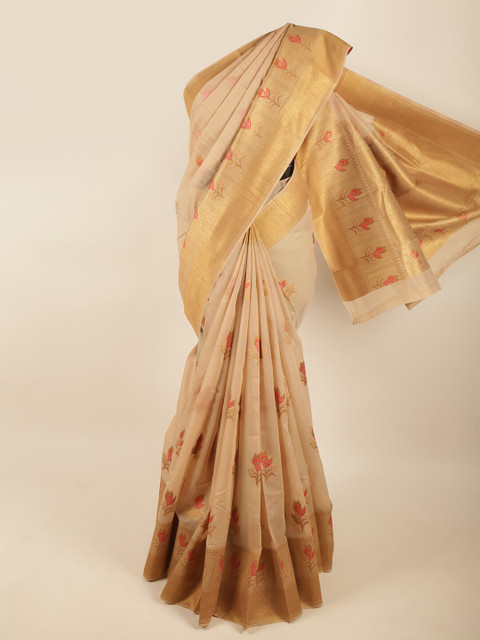 

Pothys Beige & Gold Woven Design Printed Art Silk Zari Saree