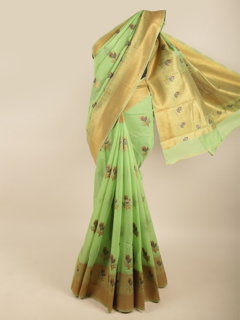 

Pothys Green & Gold Woven Design Printed Art Silk Zari Saree