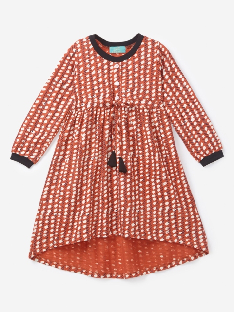

Hopscotch Girls Orange & White Abstract Printed Pure Cotton A-Line Dress