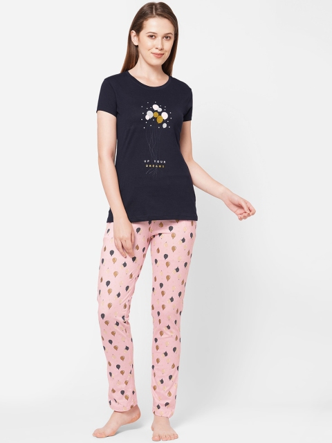 

Sweet Dreams Women Navy Blue & Pink Printed Night suit