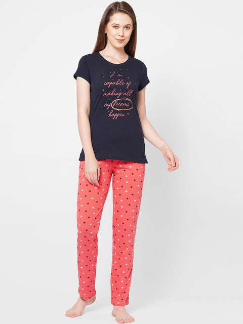 

Sweet Dreams Women Navy Blue & Red Printed Night suit