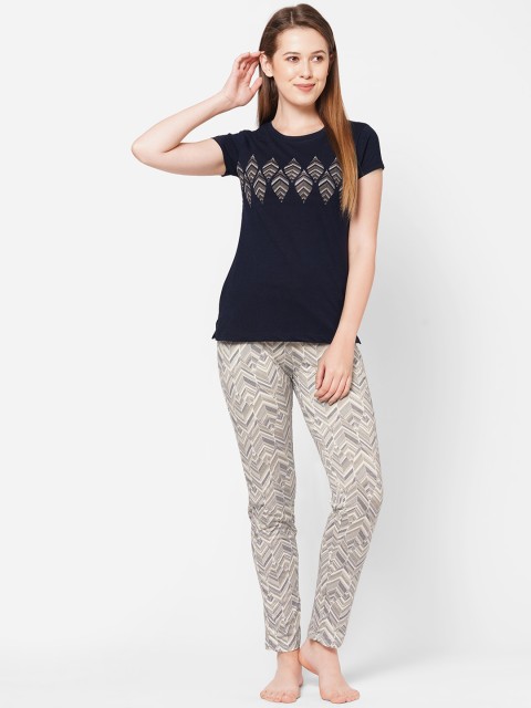 

Sweet Dreams Women Navy Blue & Beige Printed T-Shirt with Pyjama Set