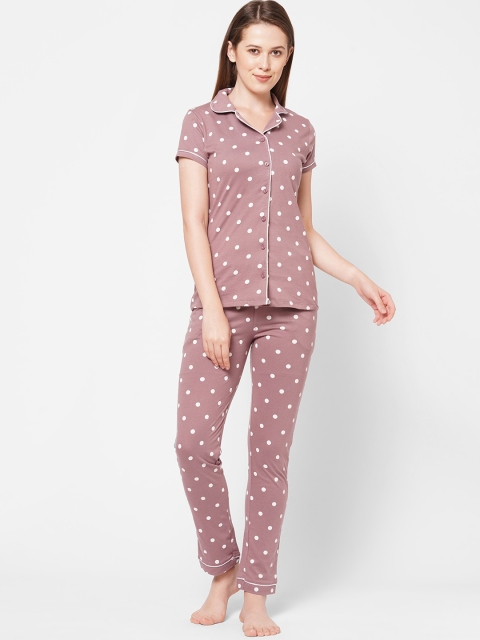 

Sweet Dreams Women Brown & White Polka Dots Printed T-Shirt with Pyjama Set