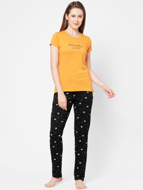 

Sweet Dreams Women Mustard & Black Printed T-Shirt with Pyjama Set