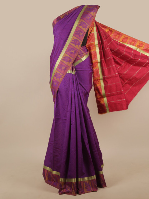 

Pothys Violet & Red Floral Zari Art Silk Saree